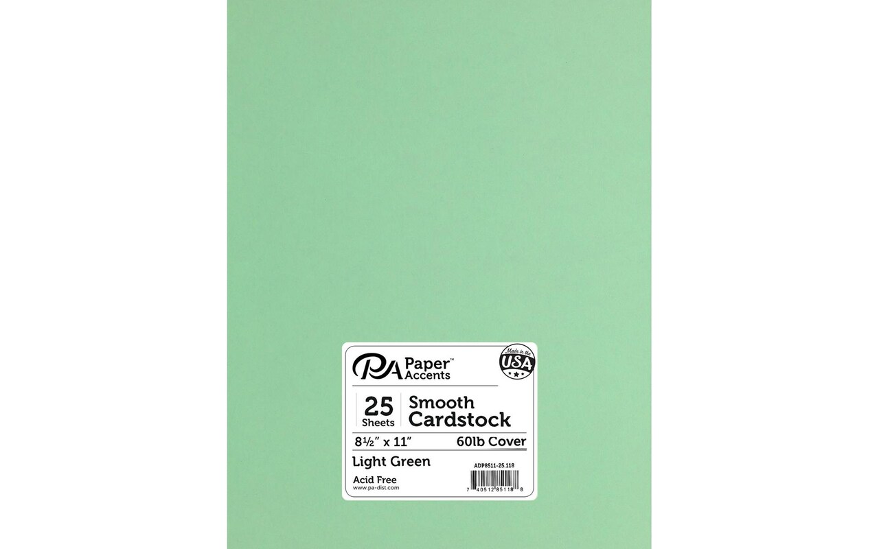 PA Paper Accents Smooth Cardstock 8.5" x 11" Light Green, 60lb colored cardstock paper for card making, scrapbooking, printing, quilling and crafts, 25 piece pack